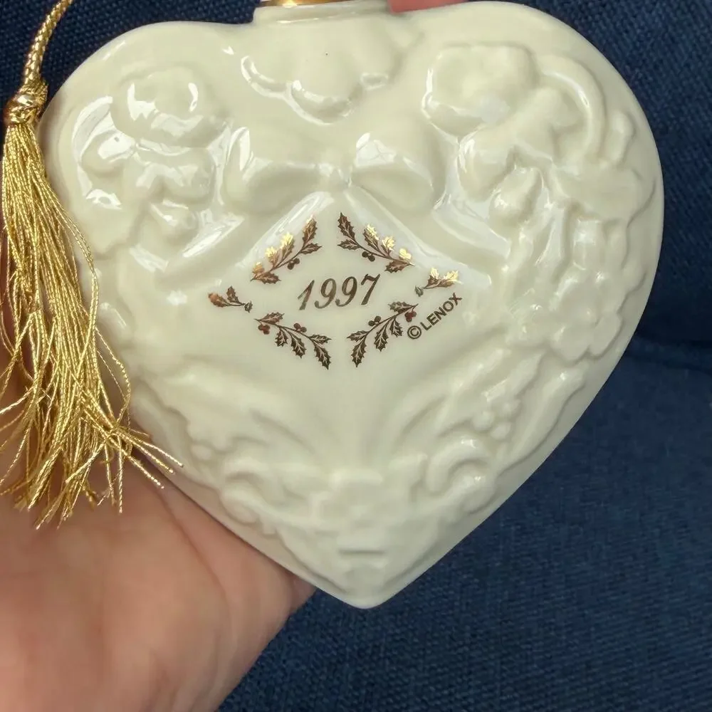 Lenox 1997 Annual Christmas Ornament Porcelain Heart Embossed Gold Tassel Puffy